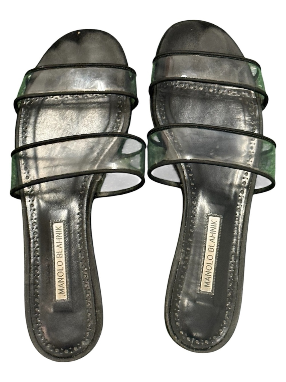 Manolo Blahnik Black Slide Sandals with Transparent Straps